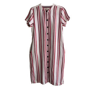 LOFT Striped Linen Blend Shirt Dress Button Front Pockets Size 10 Midi